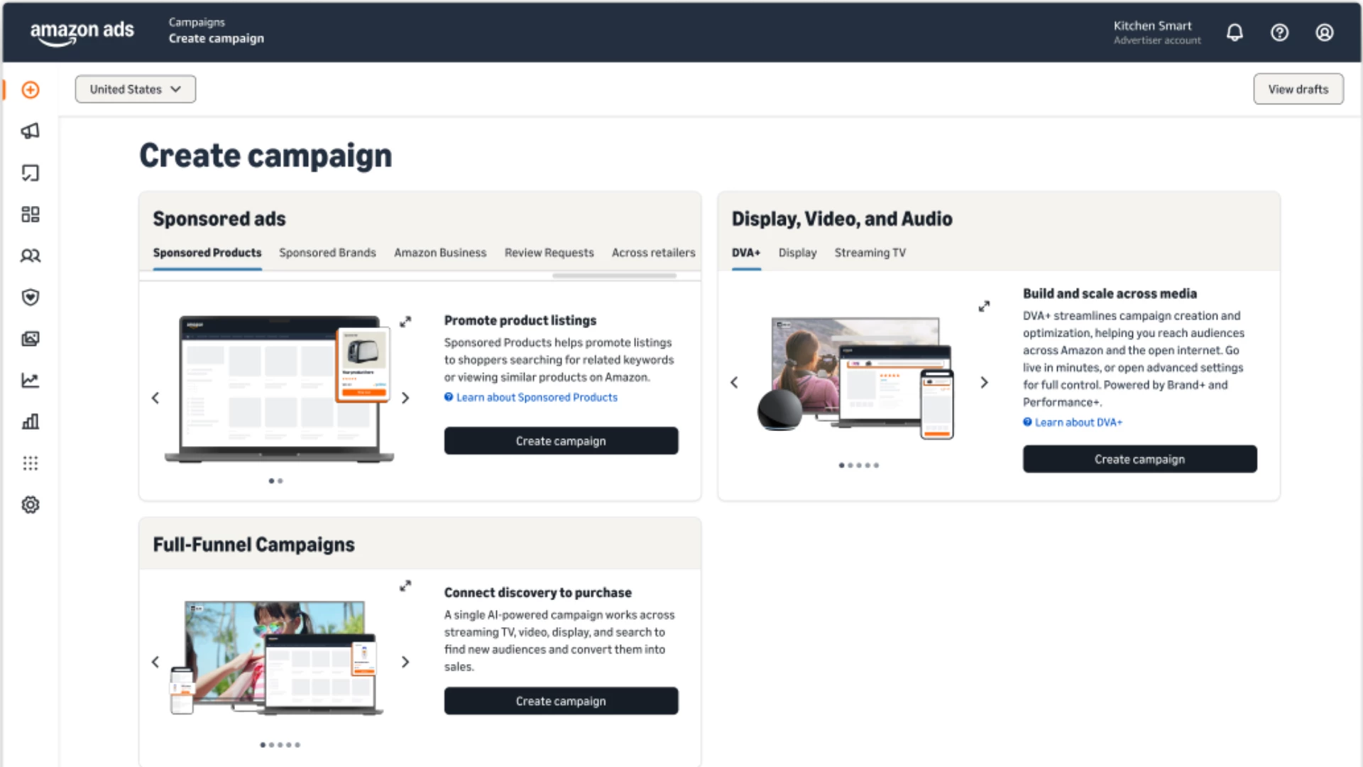 Amazon Ads Agent Create Campaign Page Screenshot of the Amazon Ads Agent create campaign page showing three campaign types: Sponsored ads, Display, Video, and Audio (DVA+), and AI-powered Full-Funnel Campaigns.