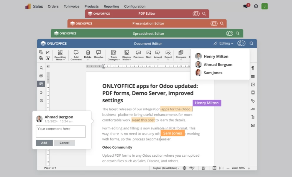 ONLYOFFICE Document, Spreadsheet, Presentation and PDF editors open inside Odoo ONLYOFFICE Document, Spreadsheet, Presentation and PDF editors open inside Odoo