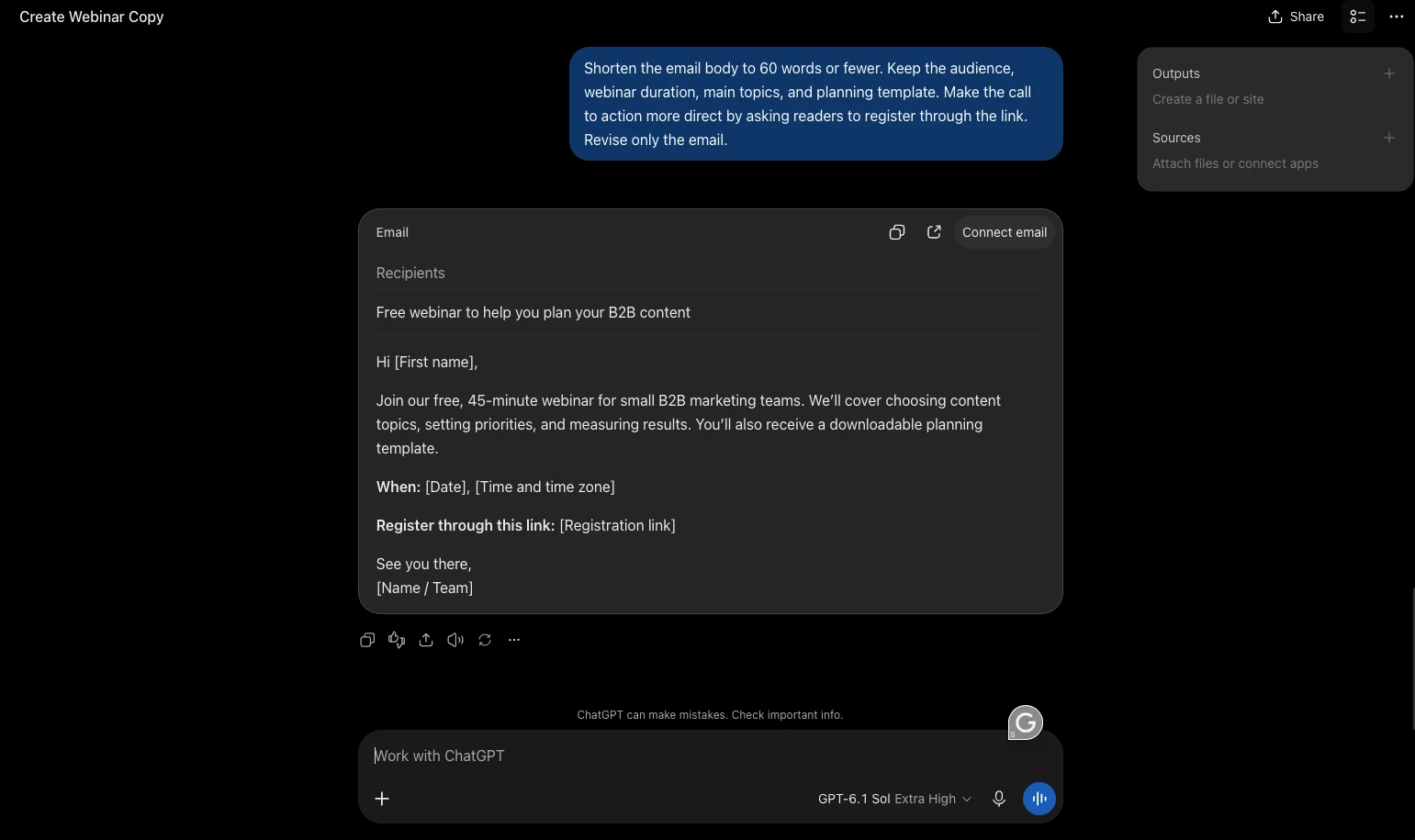 ChatGPT revising a B2B webinar invitation email with instructions to shorten it and strengthen the registration call to action ChatGPT revising a B2B webinar invitation email with instructions to shorten it and strengthen the registration call to action