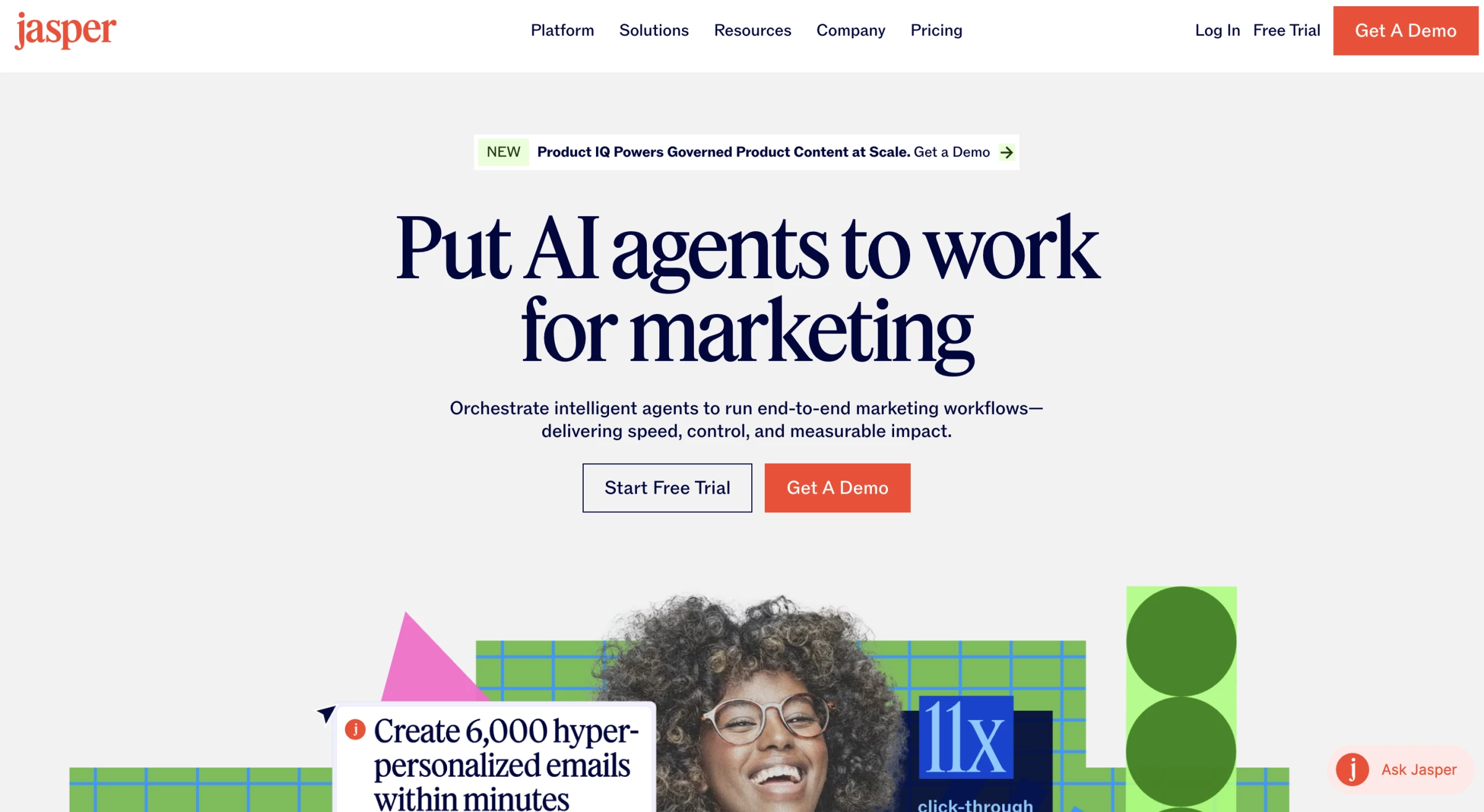 Jasper homepage introducing AI agents for marketing workflows Jasper homepage introducing AI agents for marketing workflows