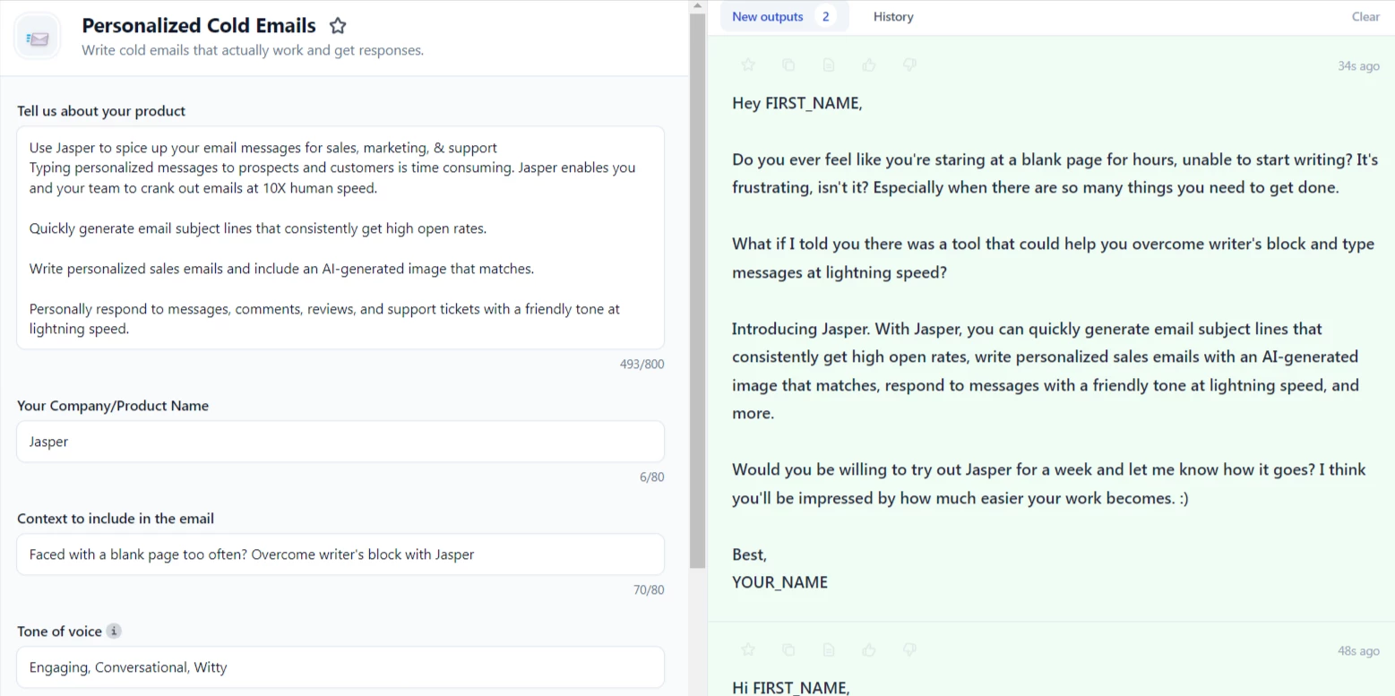 Jasper’s Personalized Cold Emails tool showing product information, tone settings and a generated email draft Jasper’s Personalized Cold Emails tool showing product information, tone settings and a generated email draft