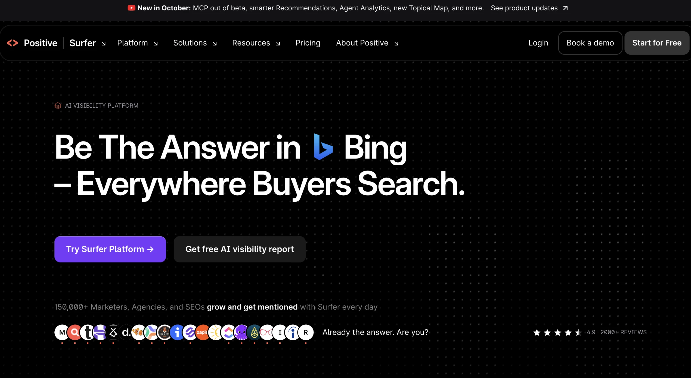 Surfer homepage promoting brand visibility in Bing search Surfer homepage promoting brand visibility in Bing search