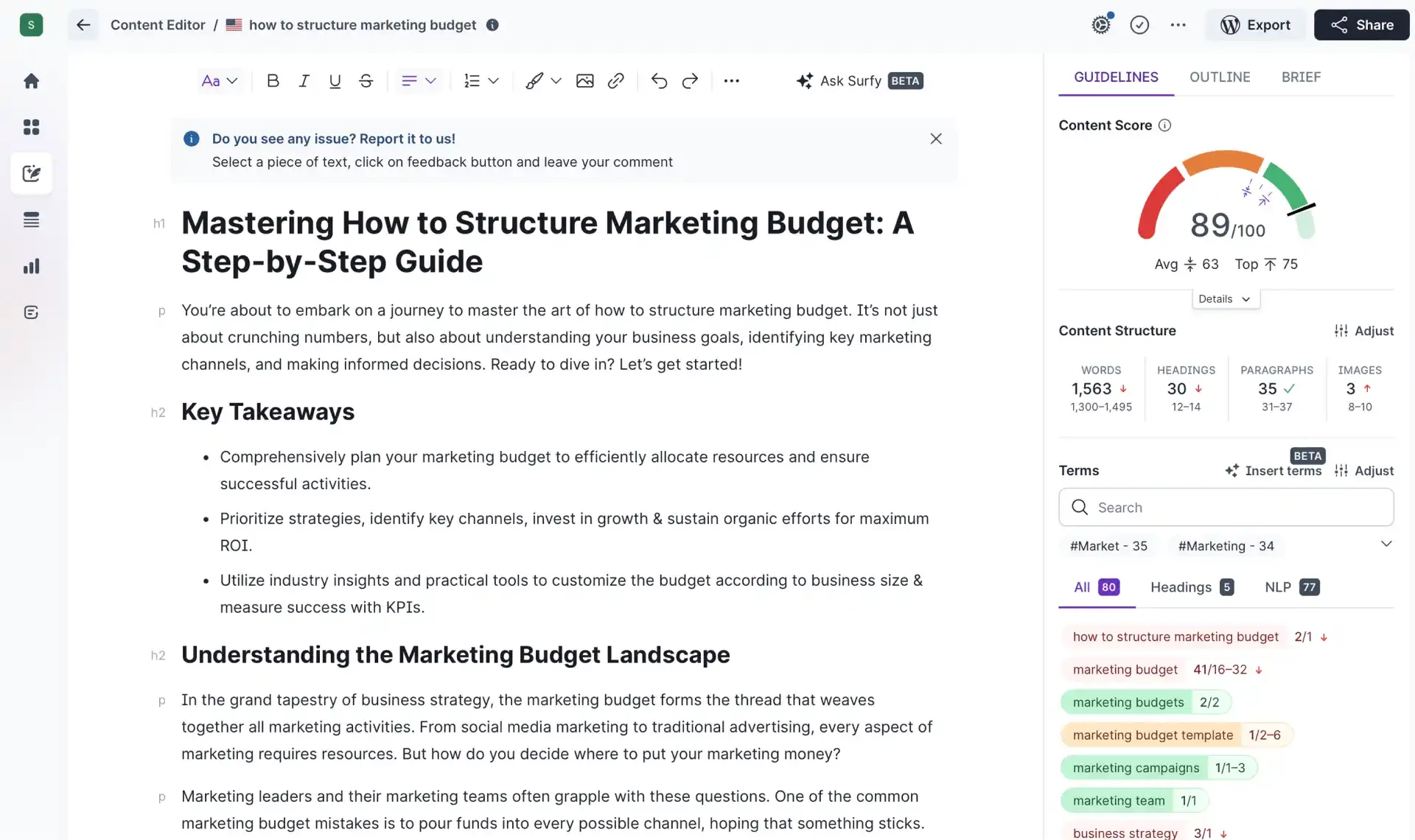 Surfer Content Editor showing a marketing budget article, an 89 content score and keyword recommendations Surfer Content Editor showing a marketing budget article, an 89 content score and keyword recommendations