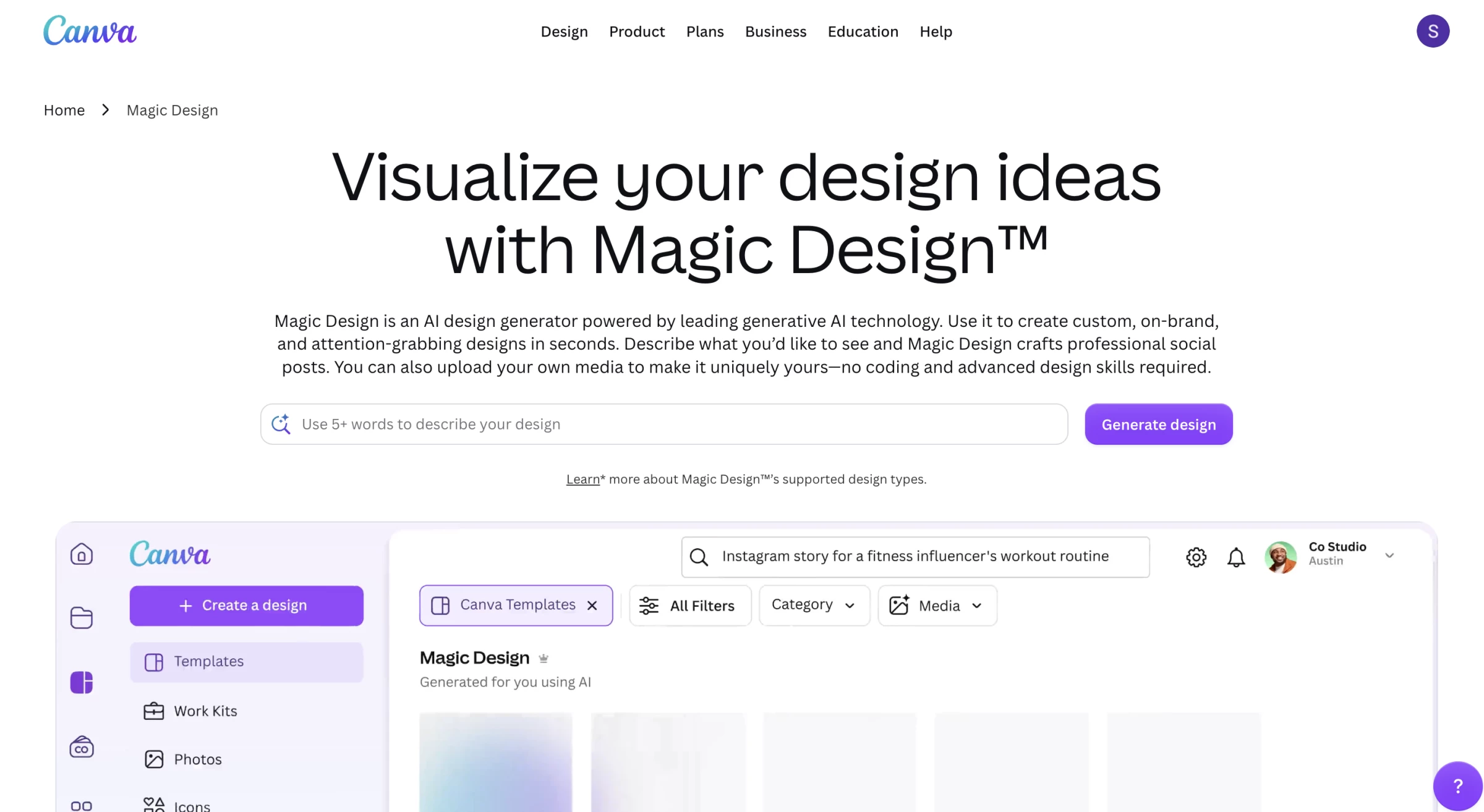 Canva Magic Design page with a text prompt field for generating designs Canva Magic Design page with a text prompt field for generating designs