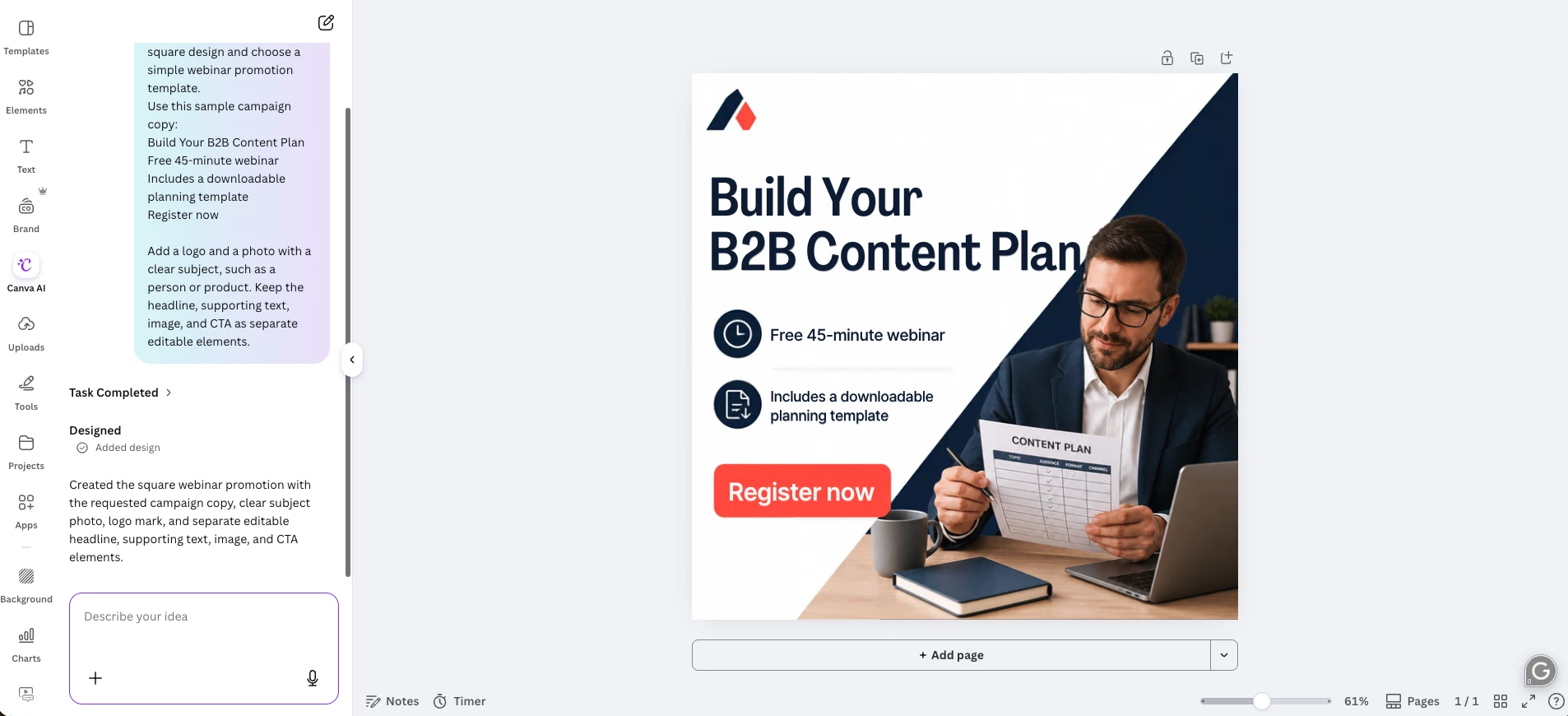 Canva editor showing an AI-generated promotional graphic for a free B2B content planning webinar Canva editor showing an AI-generated promotional graphic for a free B2B content planning webinar