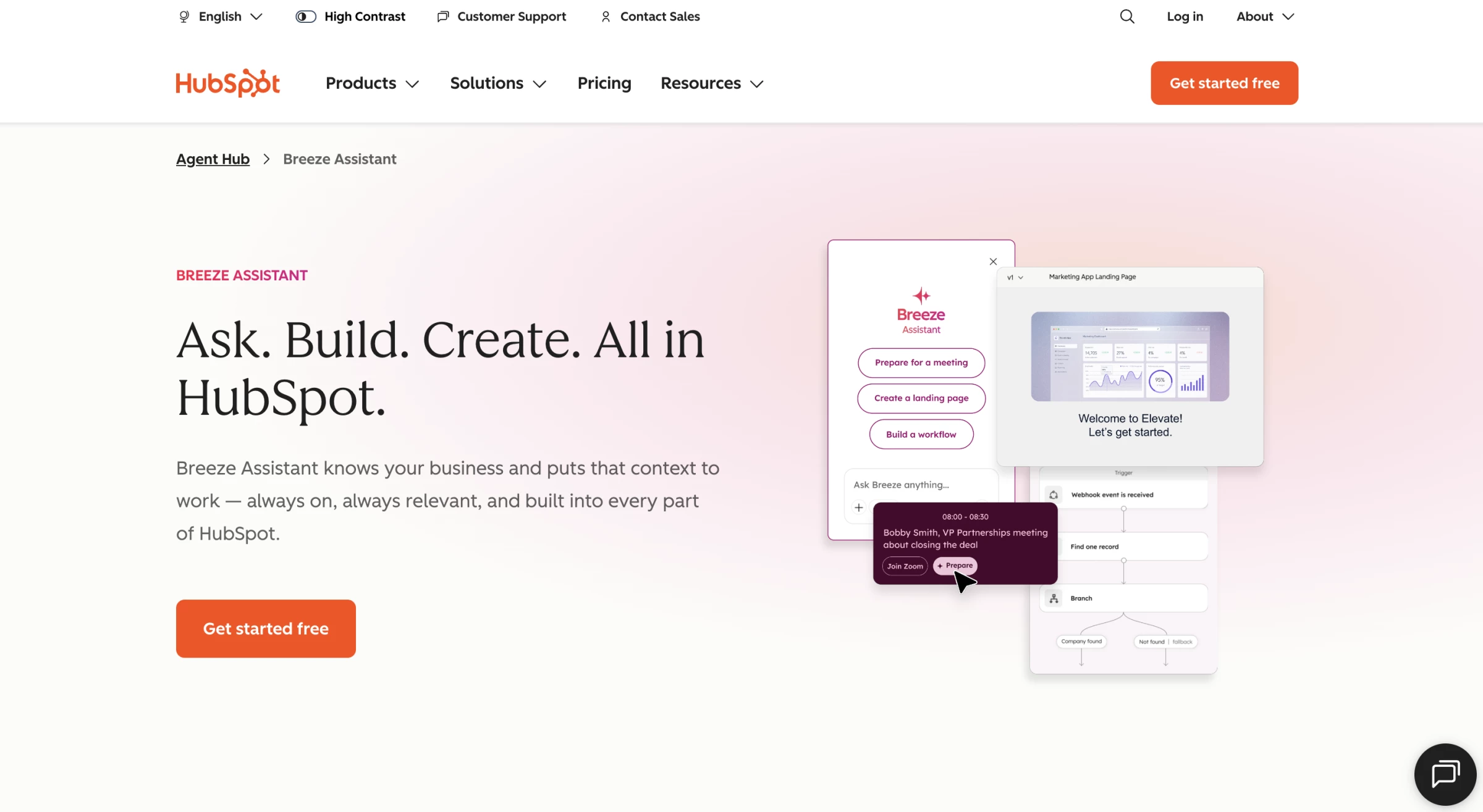 HubSpot Breeze Assistant product page introducing AI support for creating content and building workflows HubSpot Breeze Assistant product page introducing AI support for creating content and building workflows