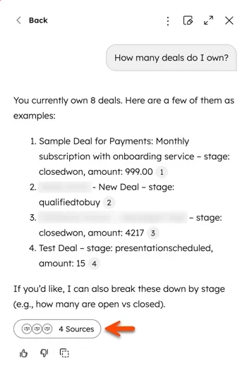 Breeze Assistant answering a deal ownership question with CRM deal details and four linked sources Breeze Assistant answering a deal ownership question with CRM deal details and four linked sources