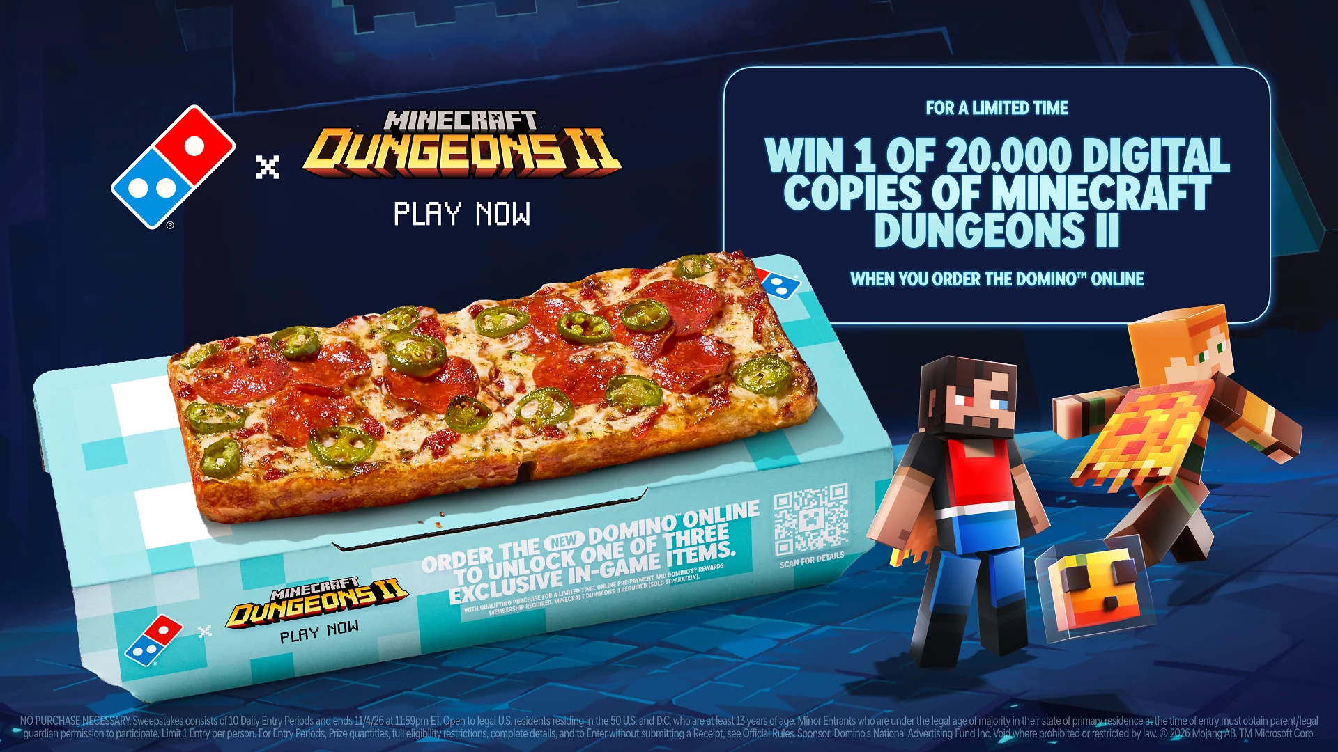 Between Oct. 26 and Nov. 4, Domino’s is giving away 2,000 Minecraft Dungeons II game tokens every day, which customers can use to download the base game for free. | Source: Domino's