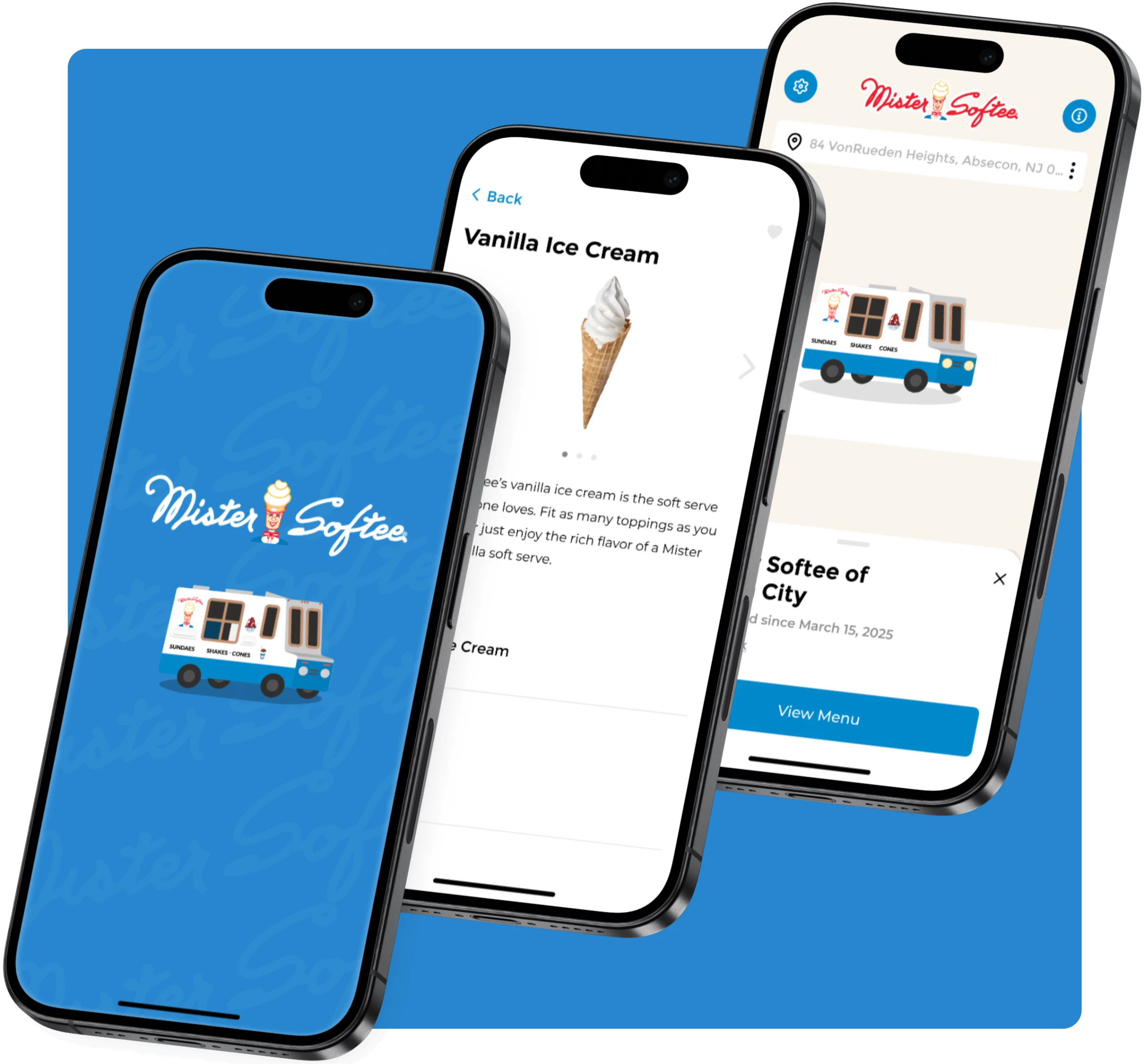 Mister Softee Mobile App Interface Screens Three smartphones displaying the Mister Softee mobile app, showing the splash screen with an ice cream truck illustration, a vanilla ice cream item details page, and a real-time truck location map.