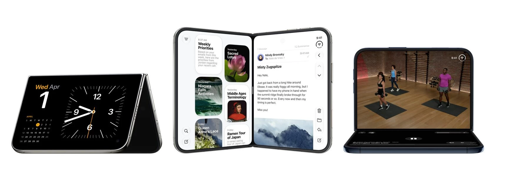 iPhone Duo Versatility in Multiple Viewing Modes Three iPhone Duo foldable devices demonstrating different usage modes, including desk clock view, unfolded split-screen multitasking with notes and messages, and laptop mode streaming a workout video.