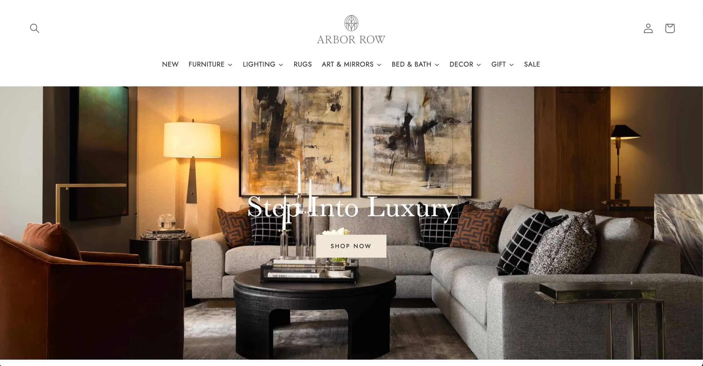 Arbor Row Homepage Banner Arbor Row e-commerce homepage header featuring the logo, navigation menu, and a hero banner styled as a luxury living room with the overlay text "Step Into Luxury" and a "Shop Now" button.