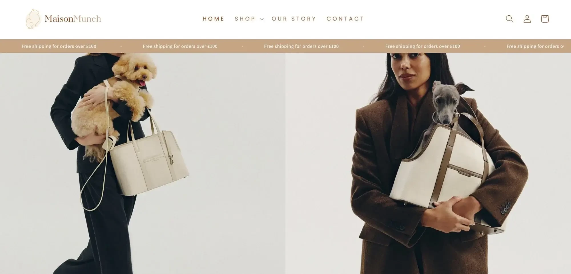 Maison Munch eCommerce Website Header Maison Munch homepage banner featuring a top navigation bar, free shipping notification, and side-by-side images of models carrying dogs in luxury tote bags.