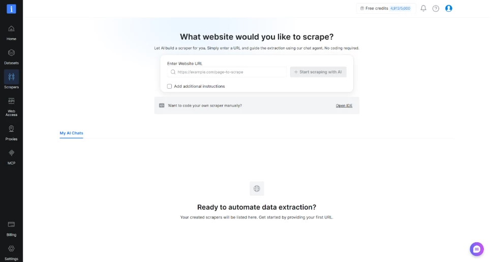 Bright Data AI web scraper interface prompting "What website would you like to scrape?" with an input field for target URLs, additional instructions, and options to start scraping with AI or open the IDE.