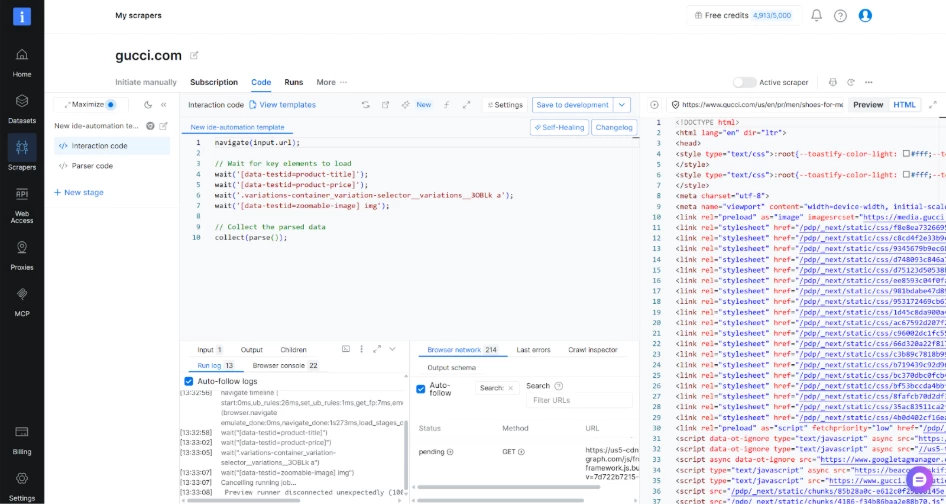 Bright Data scraper IDE interface configured for gucci.com, displaying interaction code for navigation and element waiting alongside an HTML preview panel and execution logs.