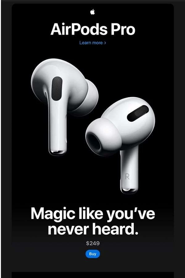 types-of-email-campaigns-product-promo-Apple AirPod-Pro email design inspiration: product promo email campaign examples - Apple AirPod Pro