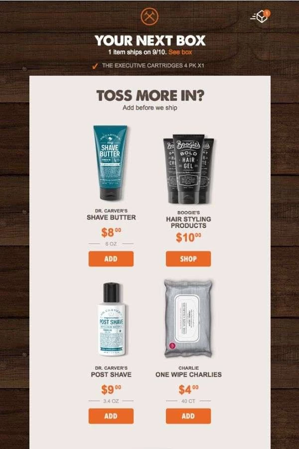 types-of-email-campaigns-upselling-email-campaigns-Dollar-Shave-Club email design inspiration: upselling email campaigns: Dollar Shave Club