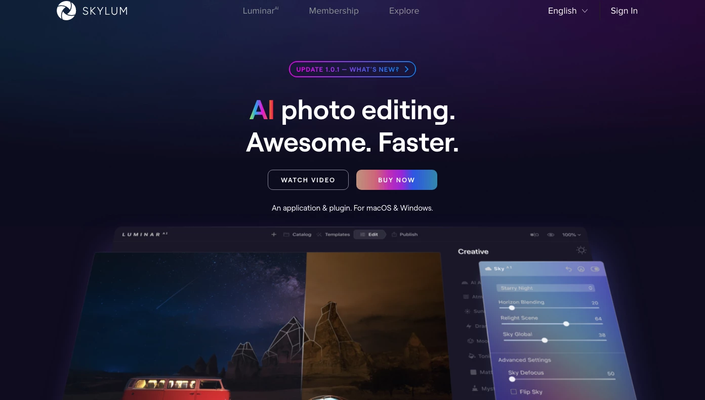photo organizer software – Luminar AI photo organizer software: screenshot of Skylum homepage