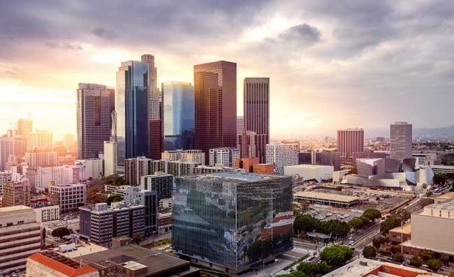 aerial view of Los Angeles at sunset