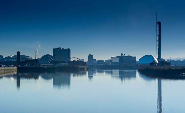 view of Glasgow, UK, at dusk