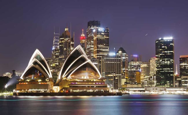 Australia view over harbour waters at night