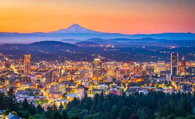 Portland's skyline view at dusk with Mt. Hood in the distance