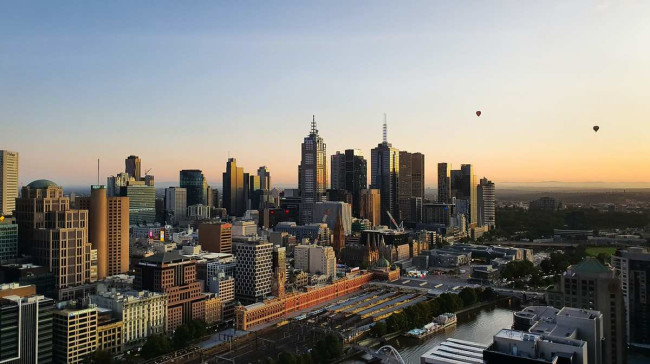 Skyline view of buildings with balloons in Melbourne, Australia