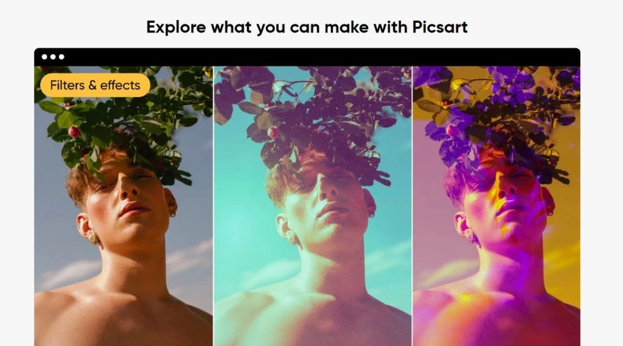 Picsart art filters and effects example with a young man in three versions.