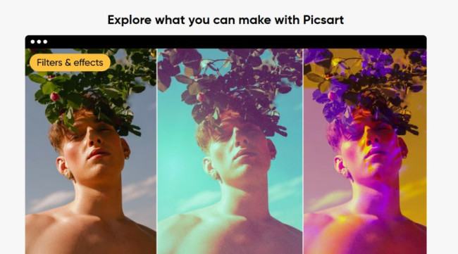 Picsart art filters and effects example with a young man in three versions.