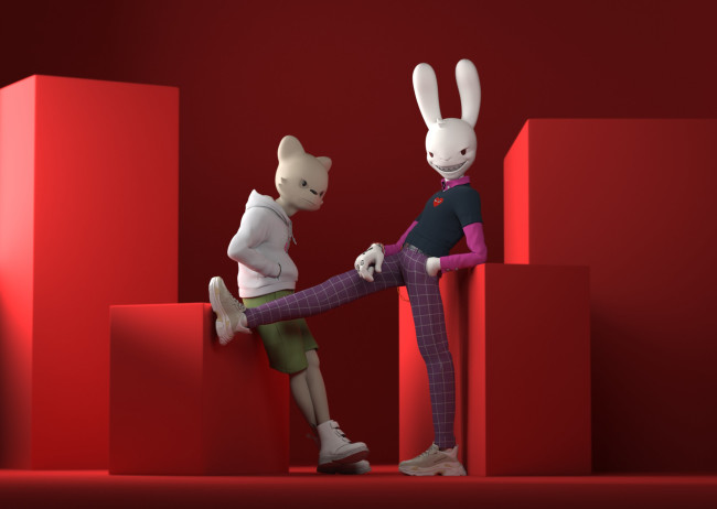 Digital characters Yanky and Guggimon leaning on red cubes