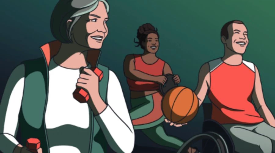 Drawing of three people working out.