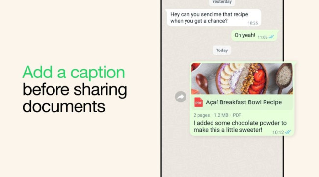 Smartphone display of new WhatsApp caption feature