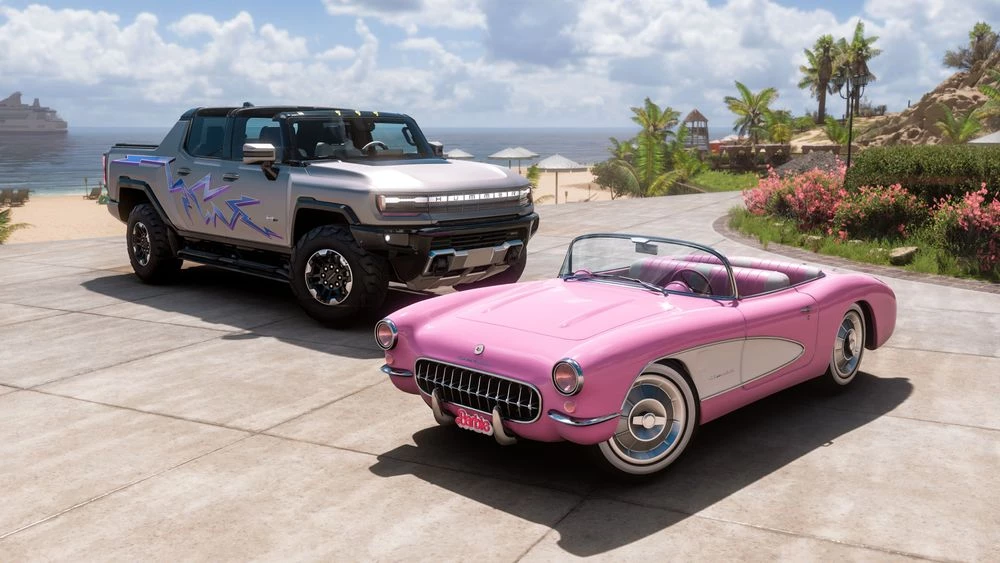 Barbie and Forza Horizon 5 Barbie-themed cars in Forza Horizon 5