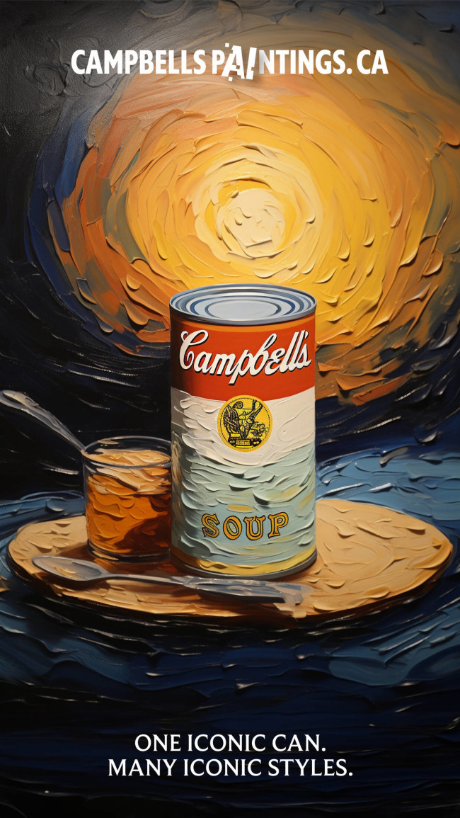 Campbell's pAInting in Impressionism Movement This AI-generated artwork of Campbell's soup can uses impressionism style.