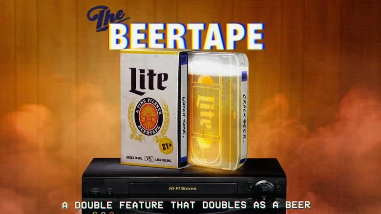 Miller Lite's Beer Tapes package includes a playable VHS tape and a VHS-shaped novelty glass.