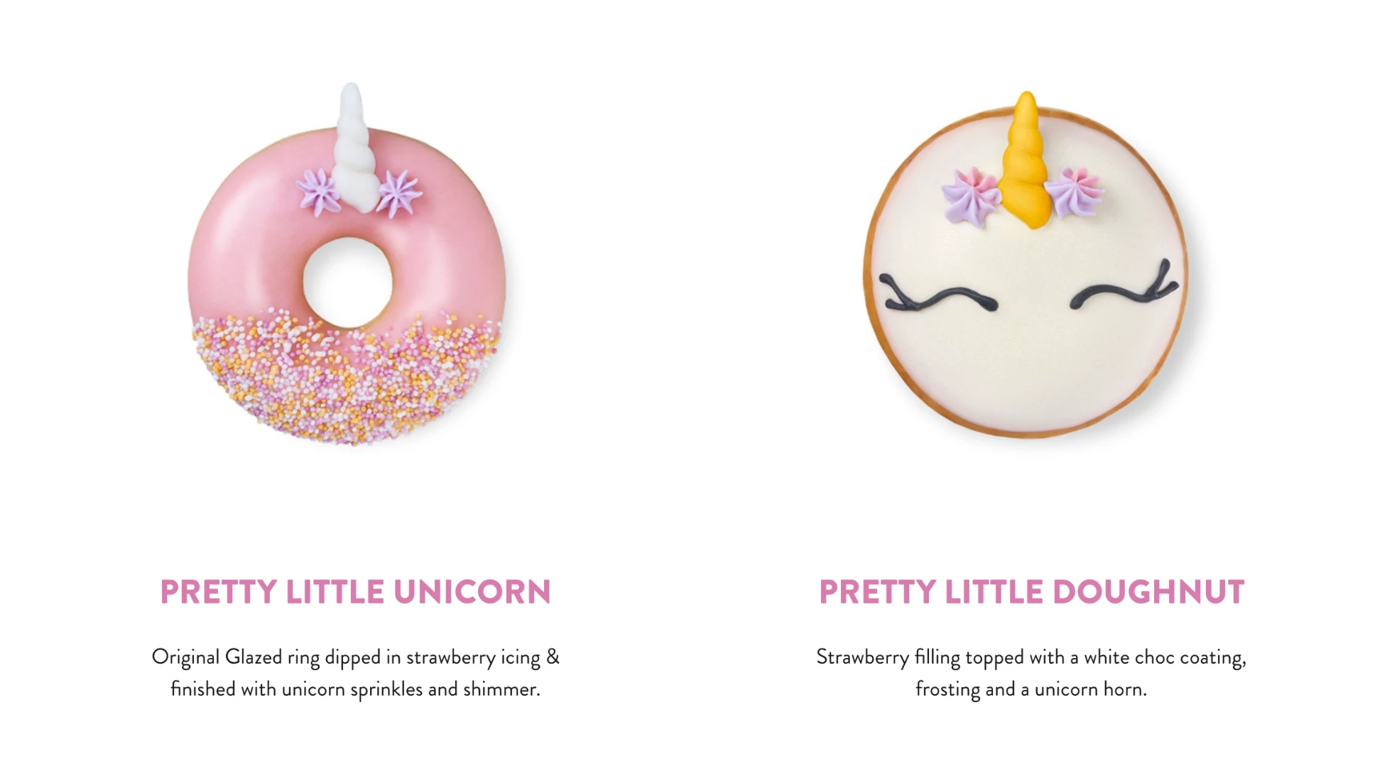 Product images from the Krispy Kreme x PrettyLittle Thing collaboration showing the 'Pretty Little Unicorn' and Pretty Little Doughnut' doughnuts and their descriptions