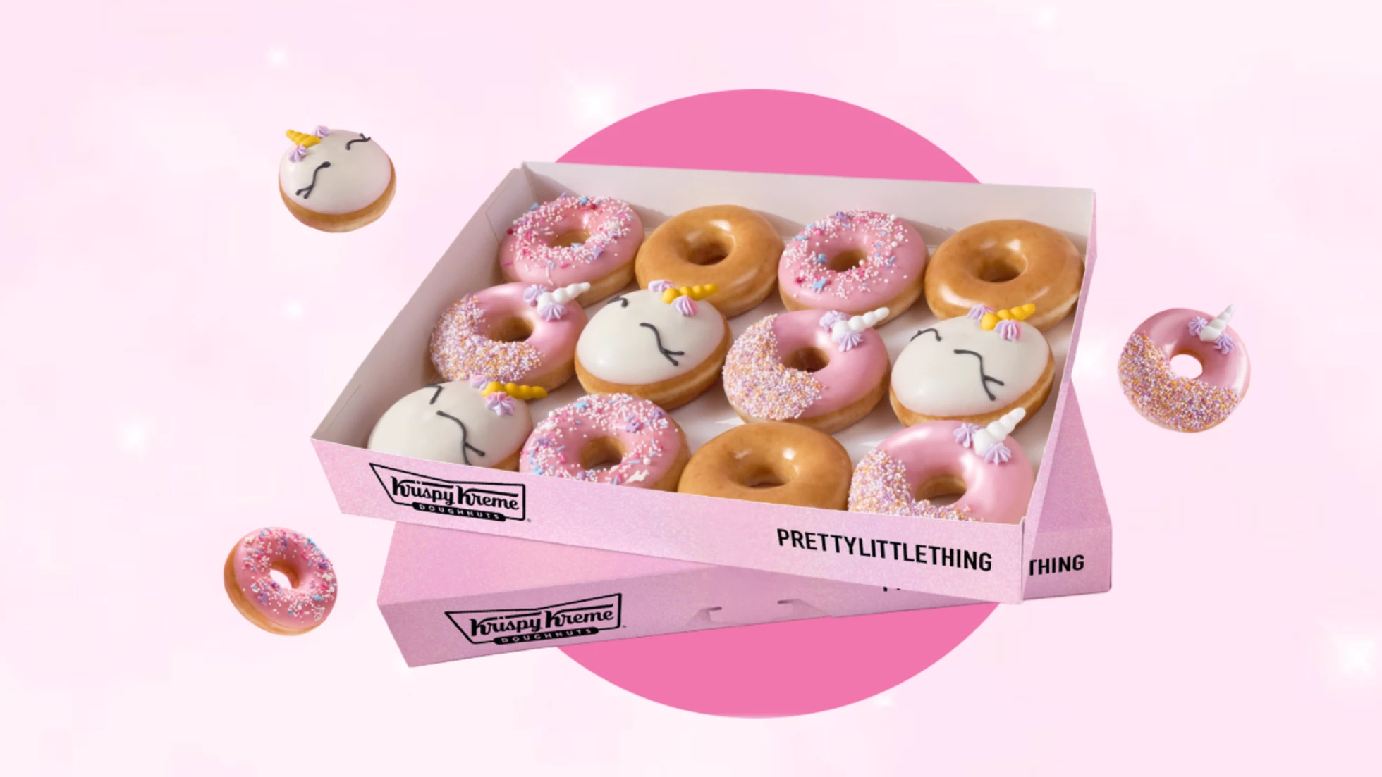 Krispy Kreme x PrettyLittle Thing product image of box of doughnuts