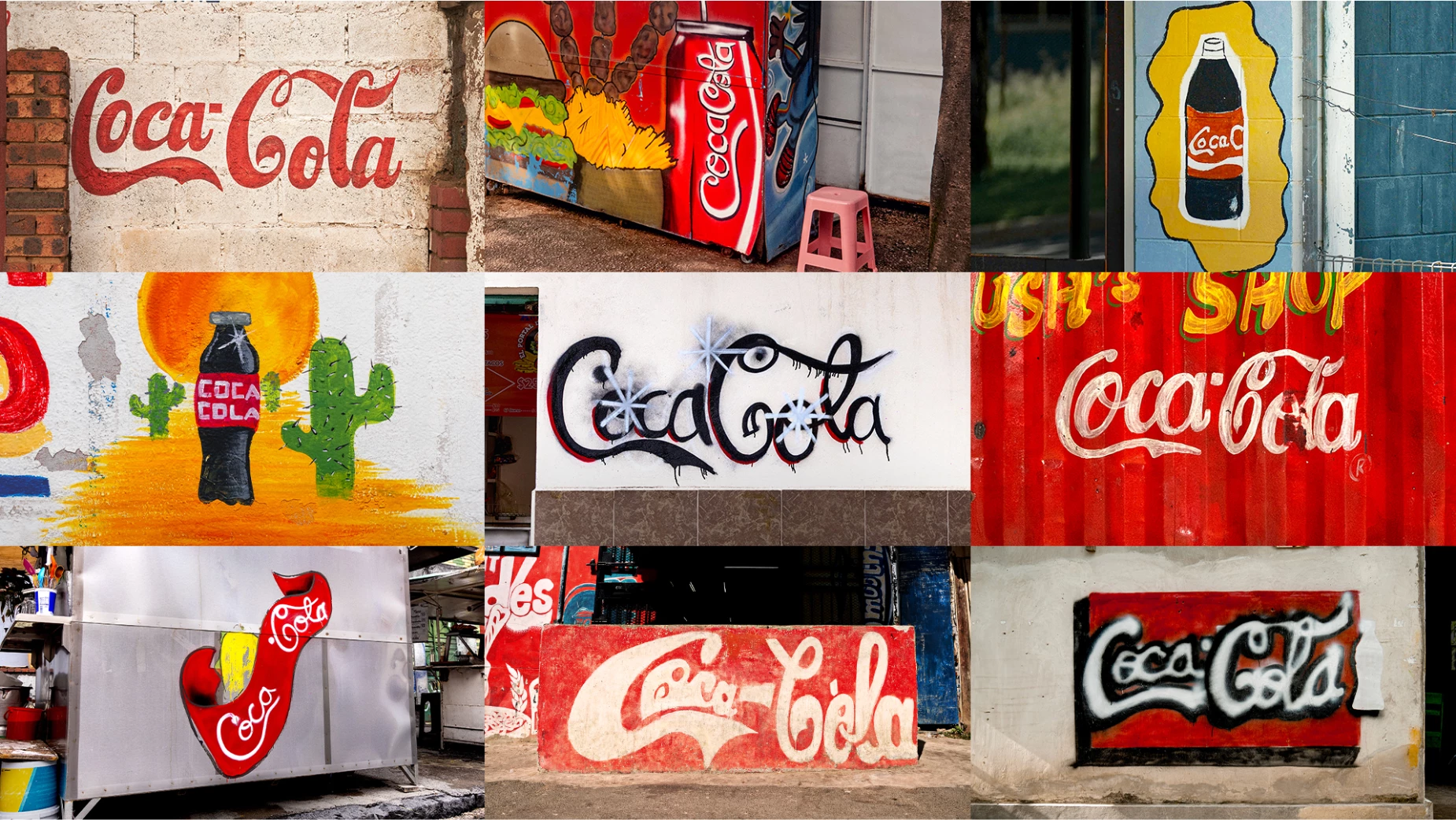 The different street art versions of the Coca-Cola logo included in its new campaign.
