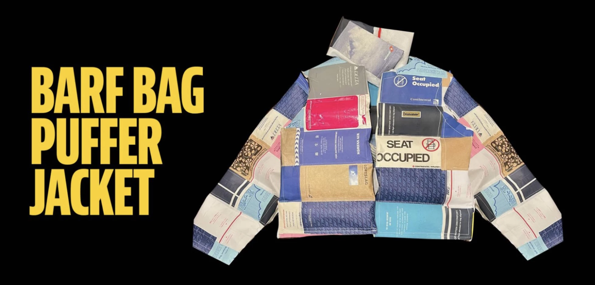 The barf bag puffer jacket is designed by Jessie Bearden using vintage barf bags.