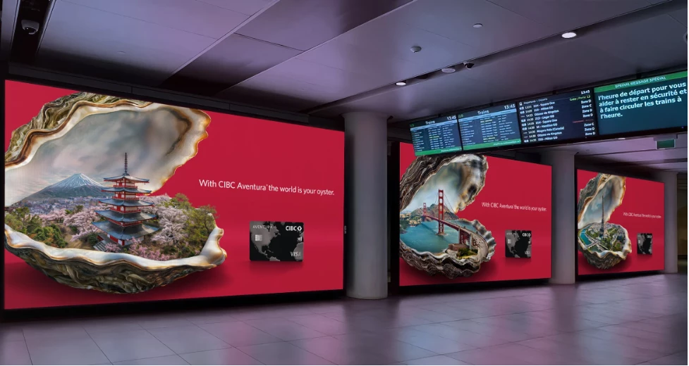 The three versions of the CIBC Aventura ads show the Eiffel Tower, Golden Gate Bridge and Churieto Pagoda.