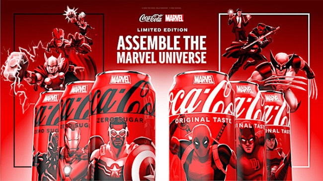 Coca-Cola and Coca-Cola Zero Sugar cans and bottles feature 38 Marvel characters.