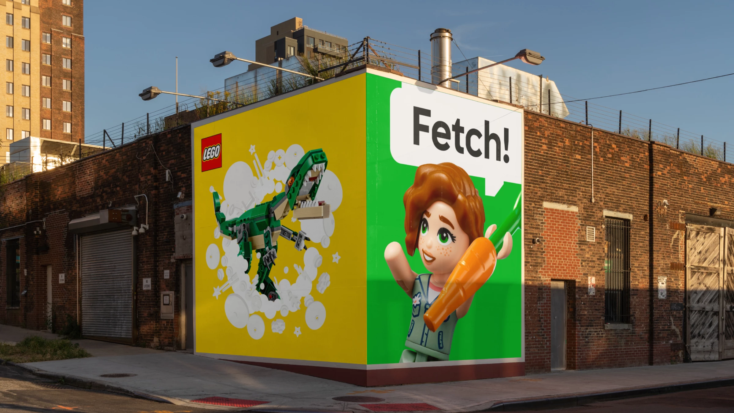 LEGO's comic-inspired design identity is shown in different elements like this speech bubble.