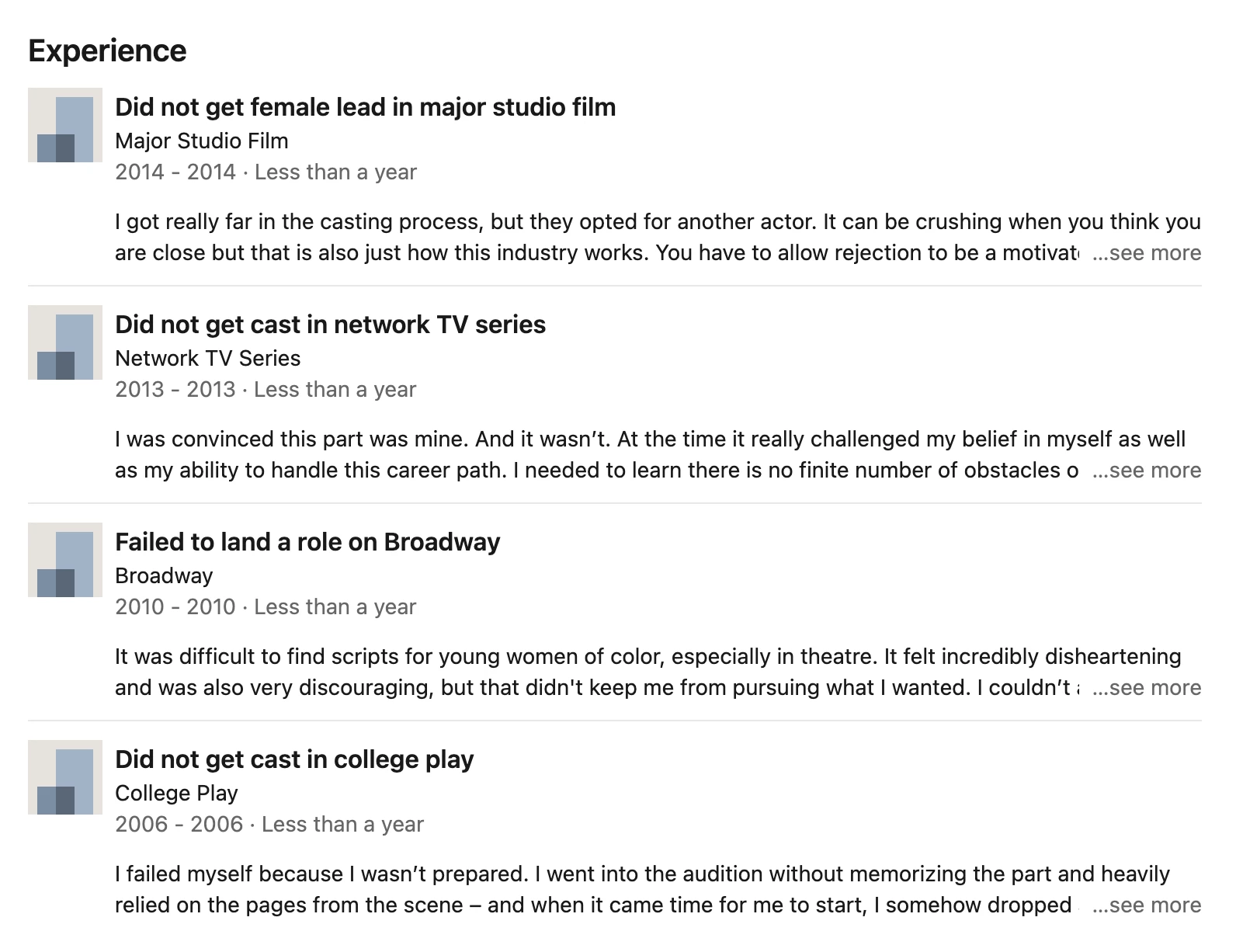 A list of failures from Aja Naomi King's LinkedIn Profile.