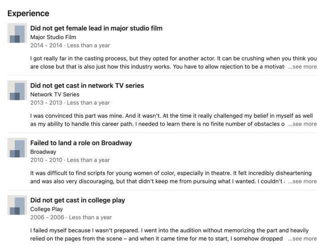 A list of failures from Aja Naomi King's LinkedIn Profile. A list of failures from Aja Naomi King's LinkedIn Profile.