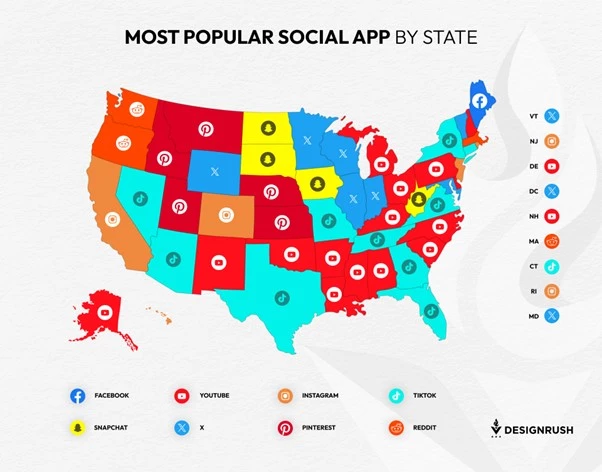 Most popular social app by state Map of most popular social app by state