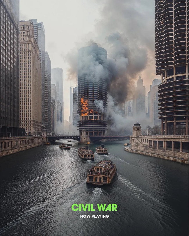 A 'Civil War' Poster Depicting Marina City in Ruins A 'Civil War' poster depicting Marina City in ruins show an inaccurate rendition of the famous towers in Chicago.