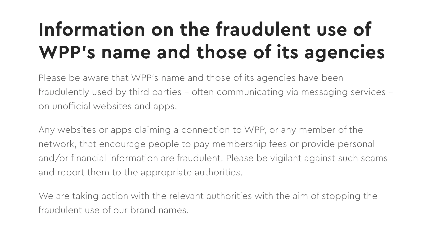 Fraudulent Use of WPP's Name Web Page | Source: WPP