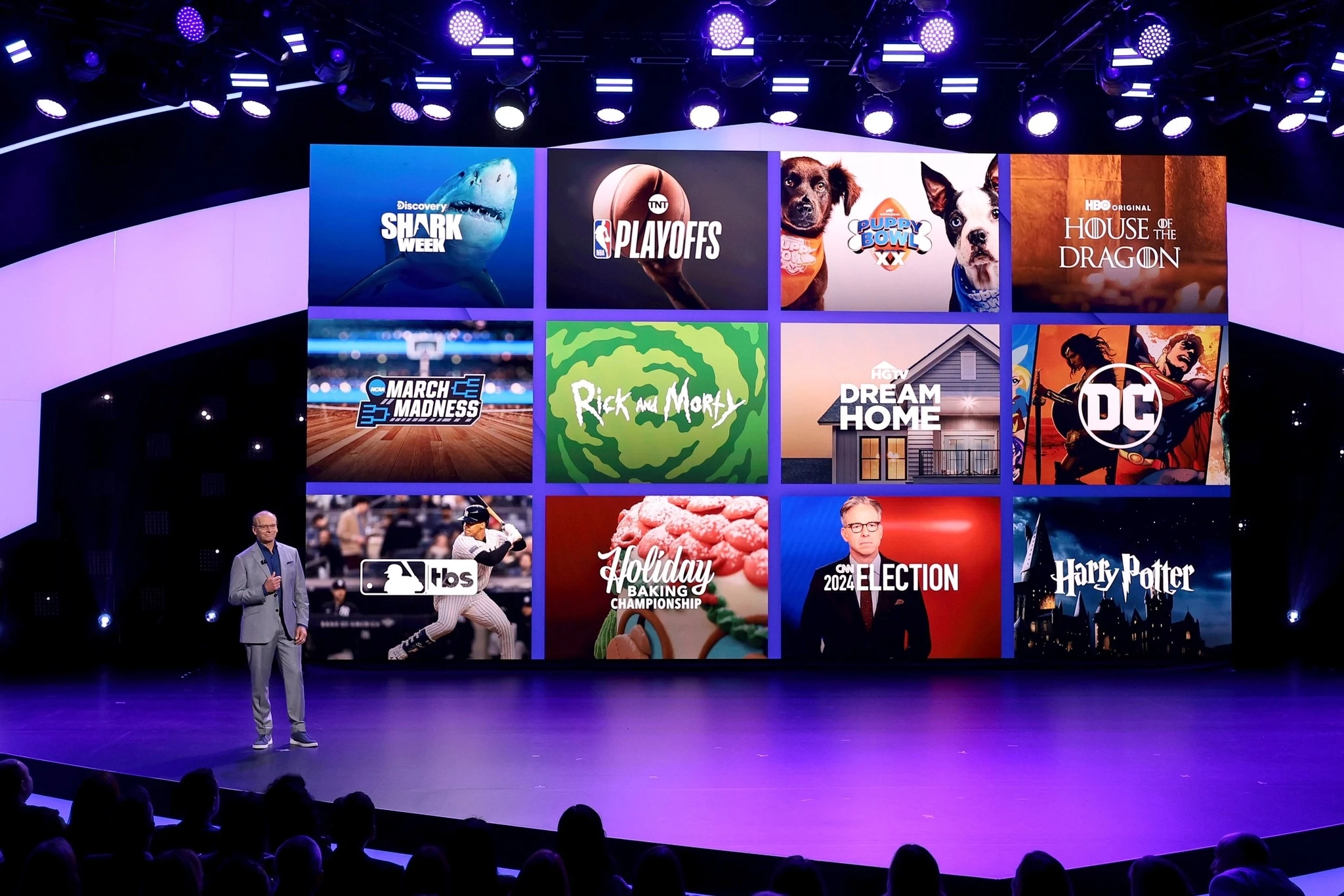 Jon Steinlauf presents Max's new ad suite at WBD's Upfront in new York City.
