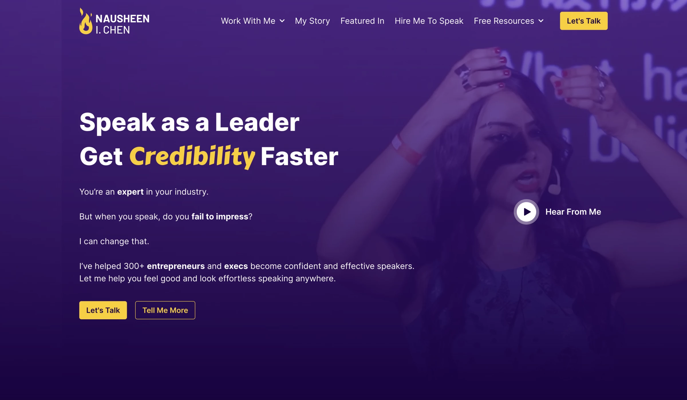 Nausheen I. Chen's website landing page screenshot sourced from https://www.speaking.coach/