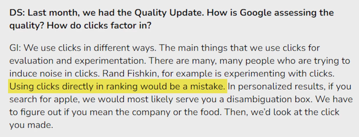 A Screenshot of Paul Haahr's Statement About Clicks A screenshot of Paul Haahr's statement about Google not using CTR as a ranking metric.