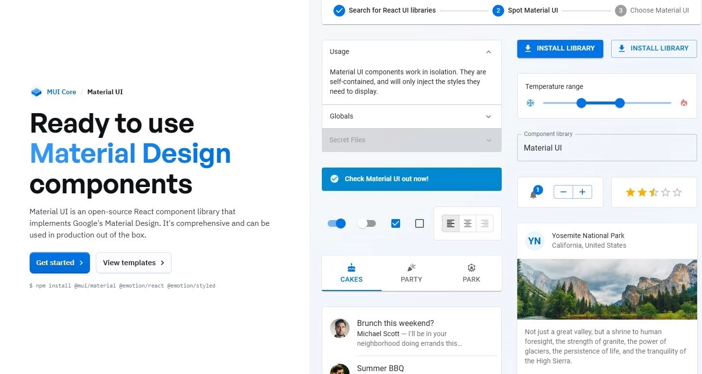 Overview of Material UI showcasing various UI patterns, pre-designed components, and tools